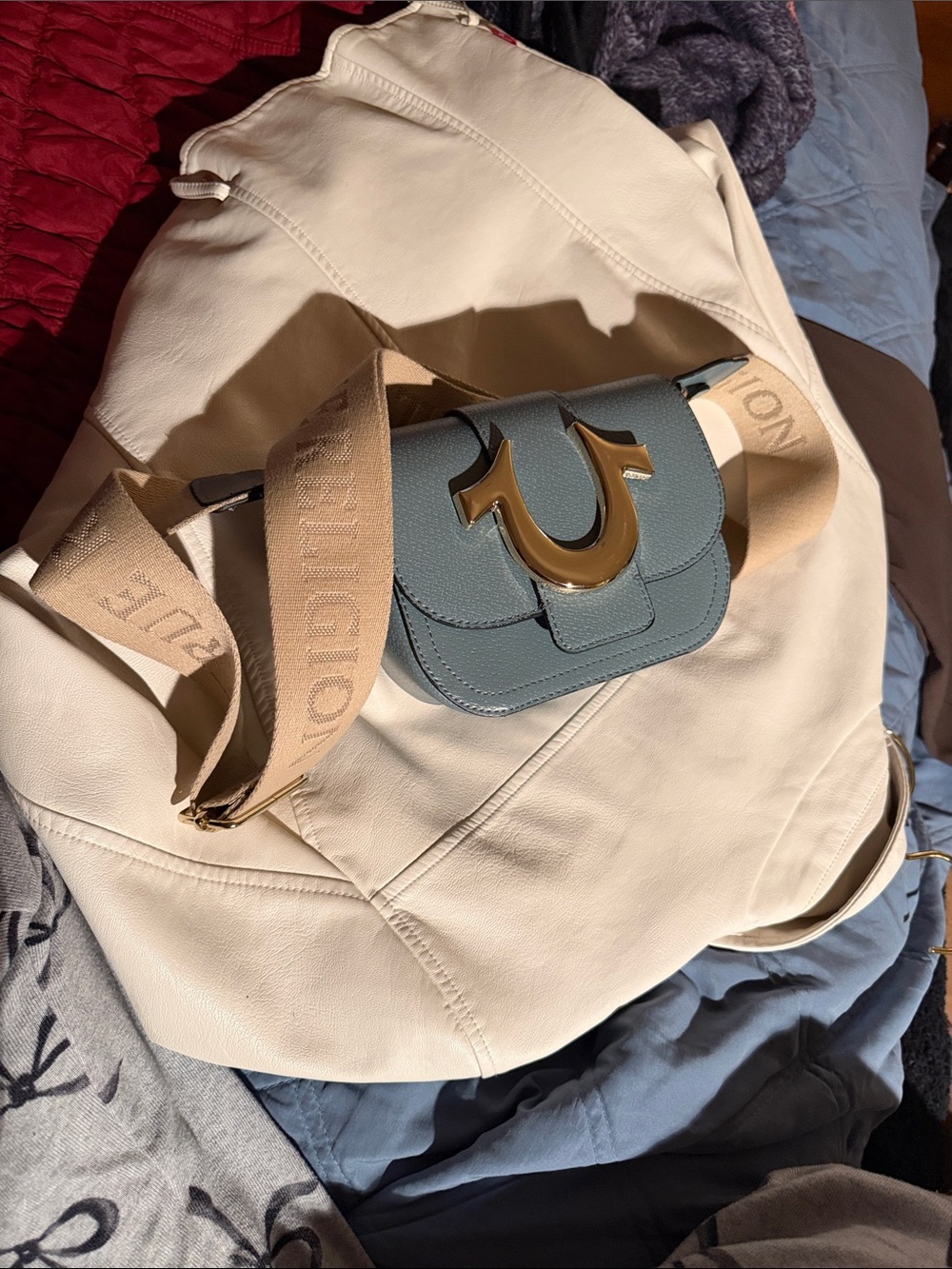 True Religion Slate Blue Crossbody with Gold Logo Accent